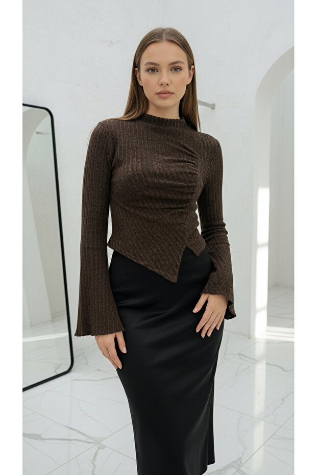 New Product Women's Ribbed Drawstring Detailed Knitwear Blouse 0040