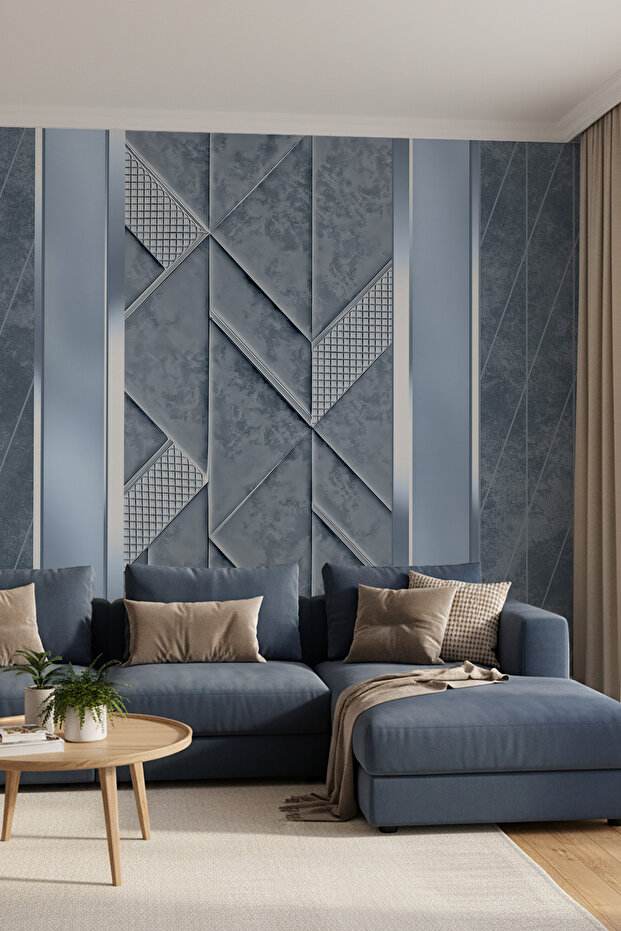 Modern Mavi Geometrik Panelli Tek Parça Duvar Kağıdı - 2