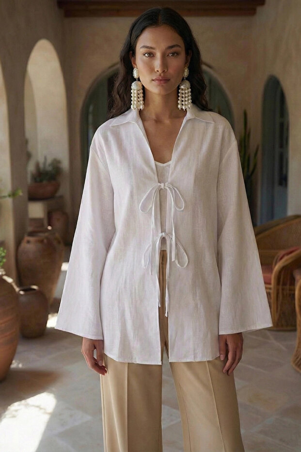 100% Cotton Linen Pocket Lace-Up Women's Kimono 1165 – Shirt Collar, Breathable Fabric