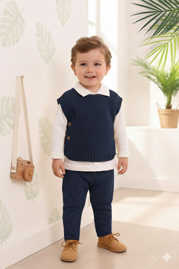 Navy Blue Baby Boy Knitwear 3-Piece Set – Vest Set , with Pants, Long Sleeves