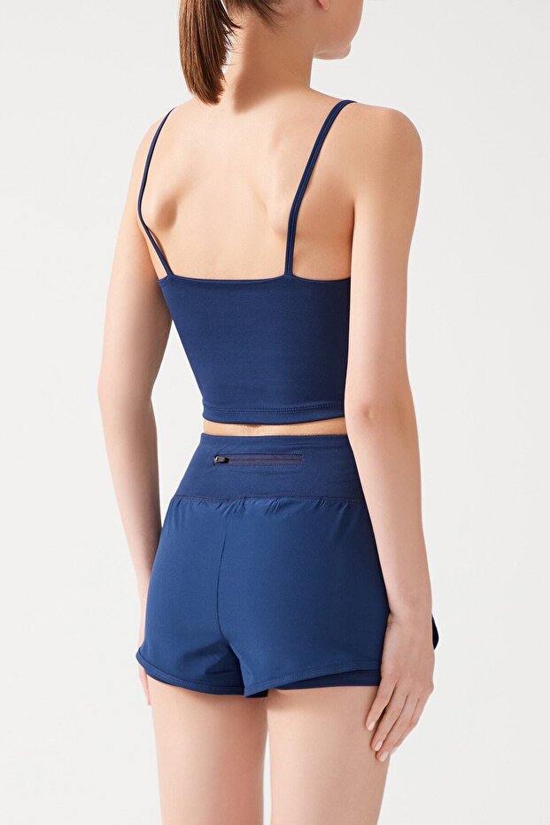Spodenki sportowe damskie granatowe 2-warstwowe - Rajstopy ze spodenkami 2w1 - 2