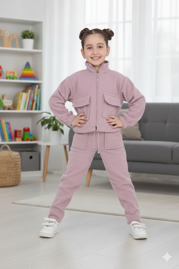 Girl's Zippered Mock Neck Pocket Zippered Cotton Bottom Top Two-Piece Tracksuit Fleece Set