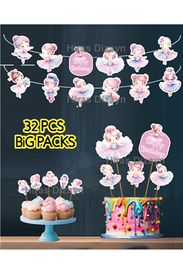 32 Piece Cute Ballerina Giant Set Birthday Decoration Banner Cake Picks Cupcake Decoration
