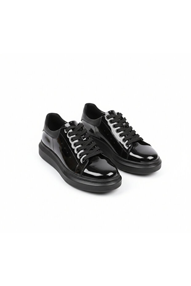 BLACK GENUINE LEATHER Patent Leather UNISEX SNEAKER SHOES