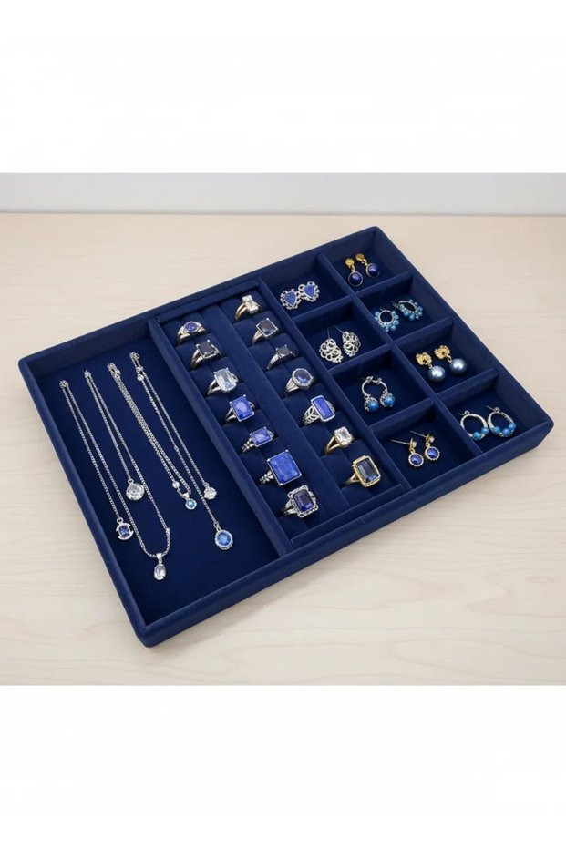 Domestic Production Lisbon Model Suede Fabric Dark Blue Color Mix Drawer Inside Jewelry Organizer