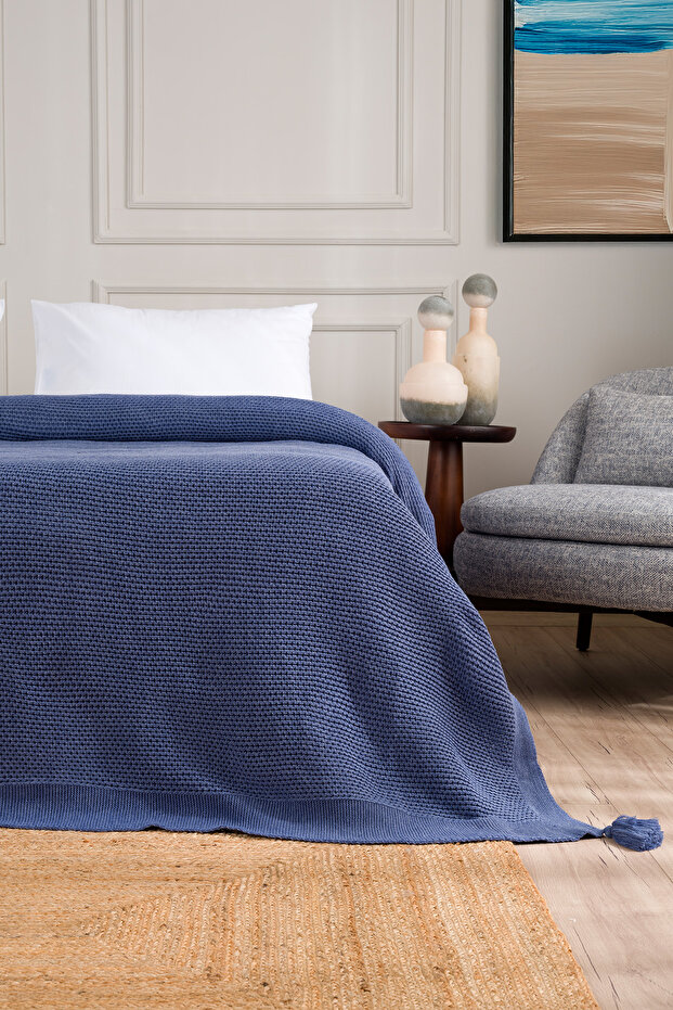 Miel Indigo Edge Double Blanket with Pompom 200x220 37115