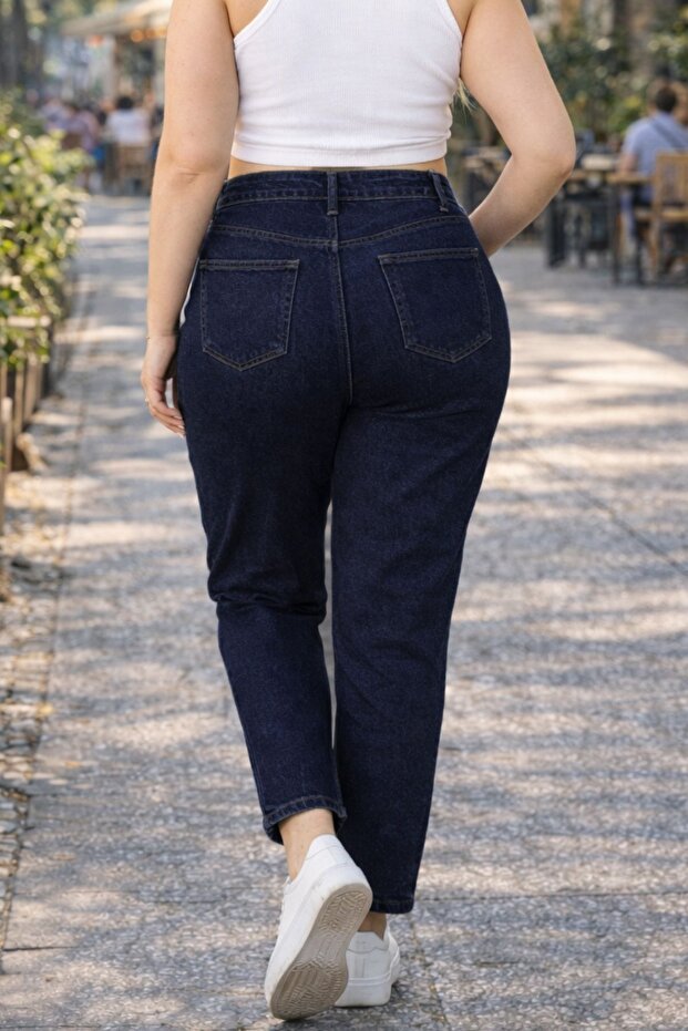 Nadmerná veľkosť Mom Fit Jean Tesné skladané flexibilné džínsové nohavice C600-tmavomodrá - 5