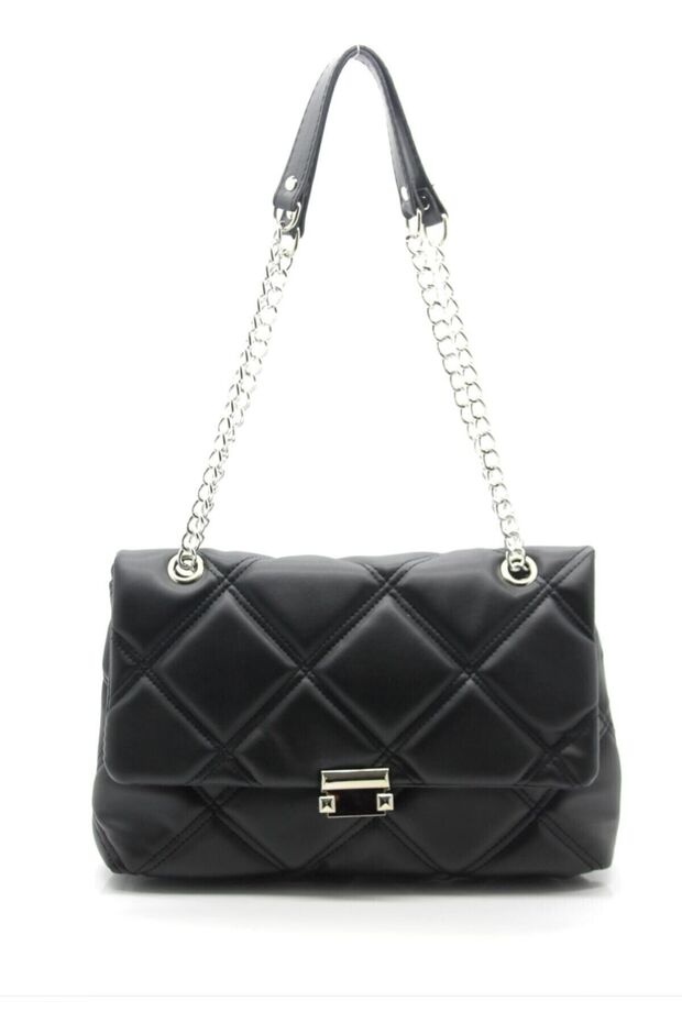 Women's Quilted Embroidered Silver Chain Crossbody Bag