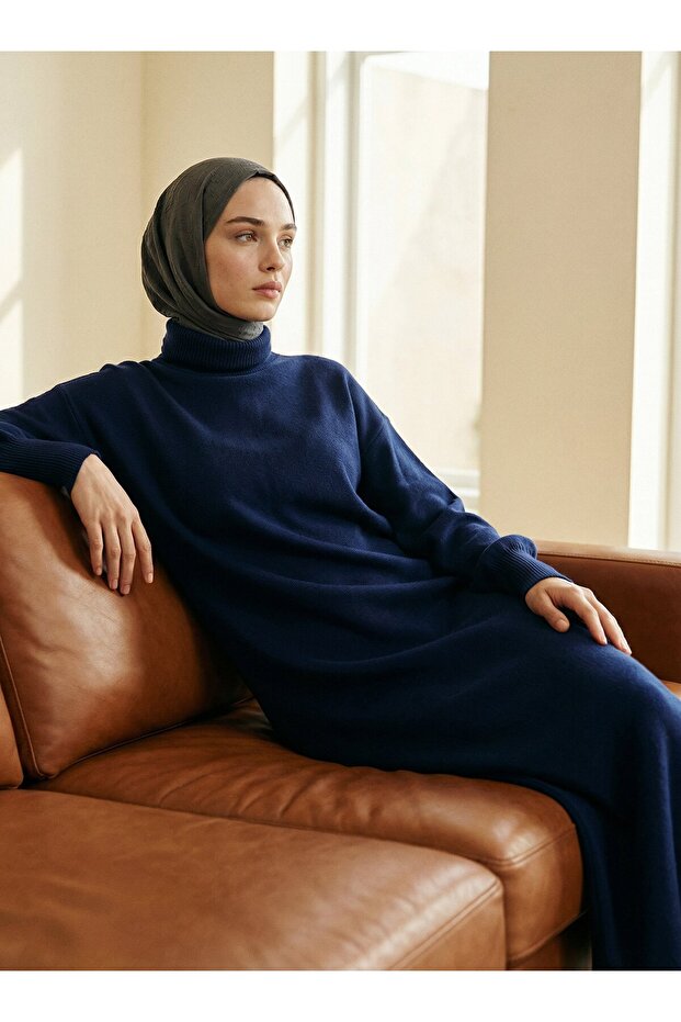 Turtleneck Knitwear Hijab Dress - Navy Blue -