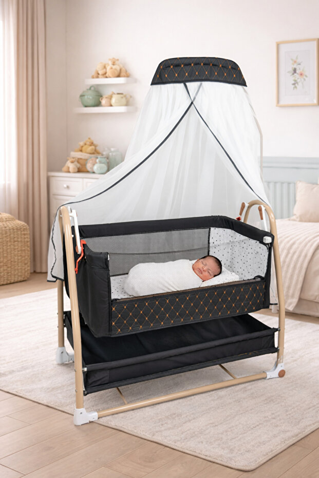 Tommybaby Royal Anne Yanı Beşik Tüllü Sepet Beşik Sallanabilir Bebek Beşiği Anne Yanı Beşik