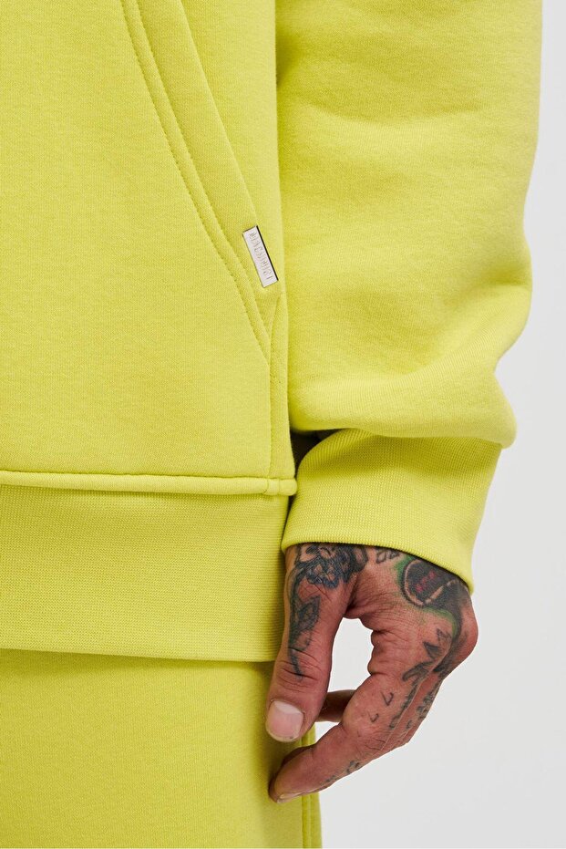 Erkek Oversize Basic Kapüşonlu Sweatshirt Neon Sarı - 3