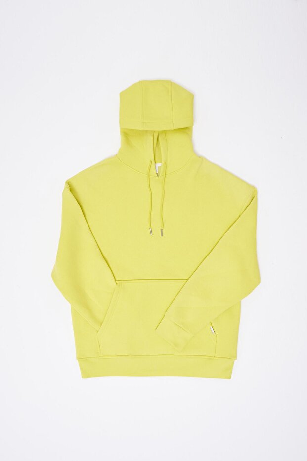 Erkek Oversize Basic Kapüşonlu Sweatshirt Neon Sarı - 6
