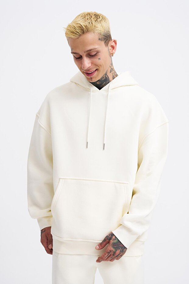 Erkek Oversize Basic Kapüşonlu Sweatshirt Ekru - 2
