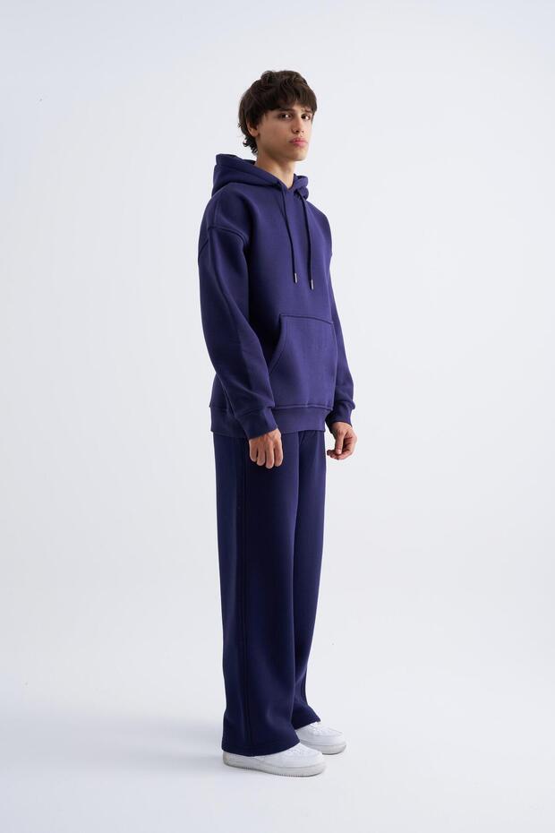 Erkek Basic Kapüşonlu Oversize Lacivert Sweatshirt - 5