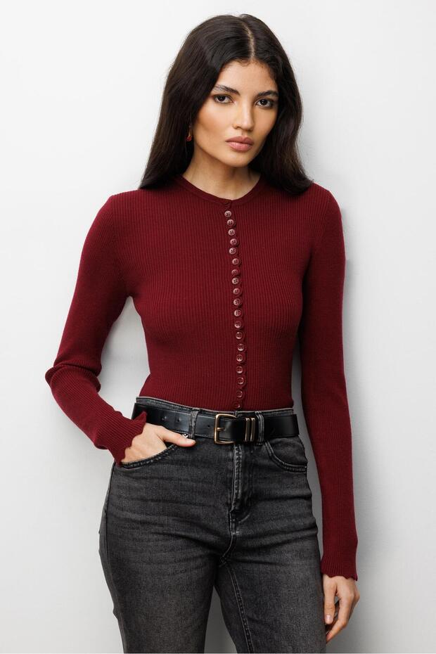 6972 Kadın Fitilli Basic Triko Hırka Bordo - 1