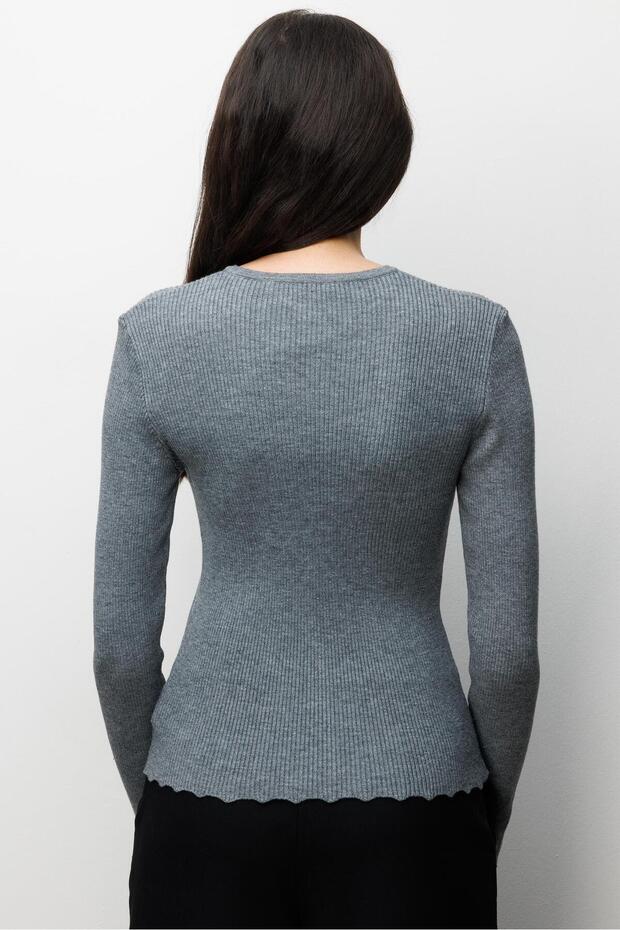 6972 Kadın Fitilli Basic Triko Hırka Gri - 5