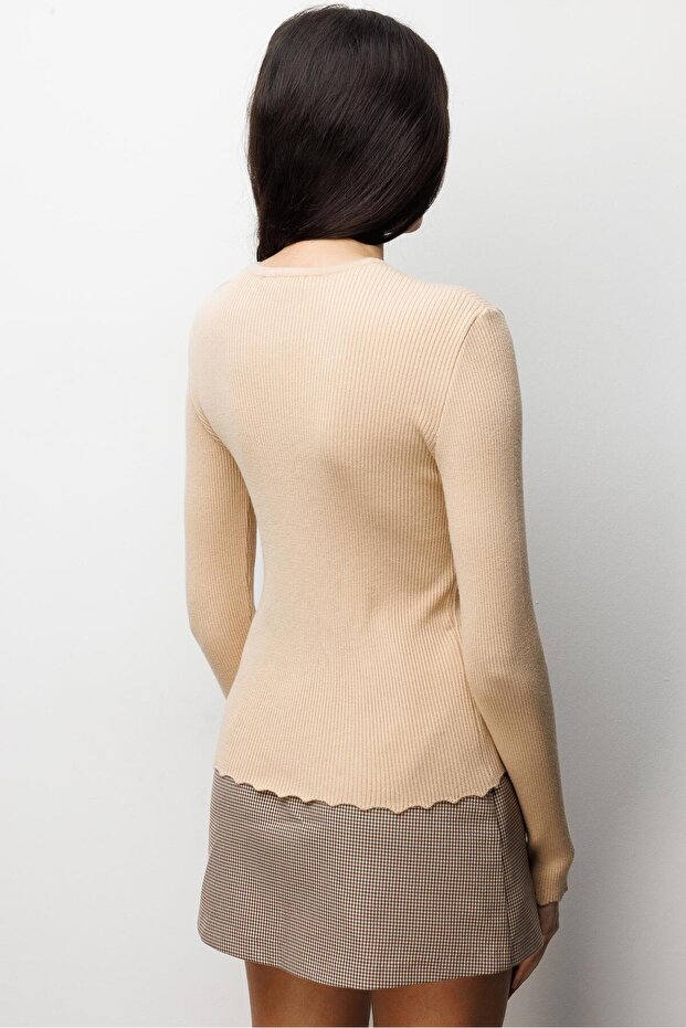 6972 Kadın Fitilli Basic Triko Hırka Camel - 3