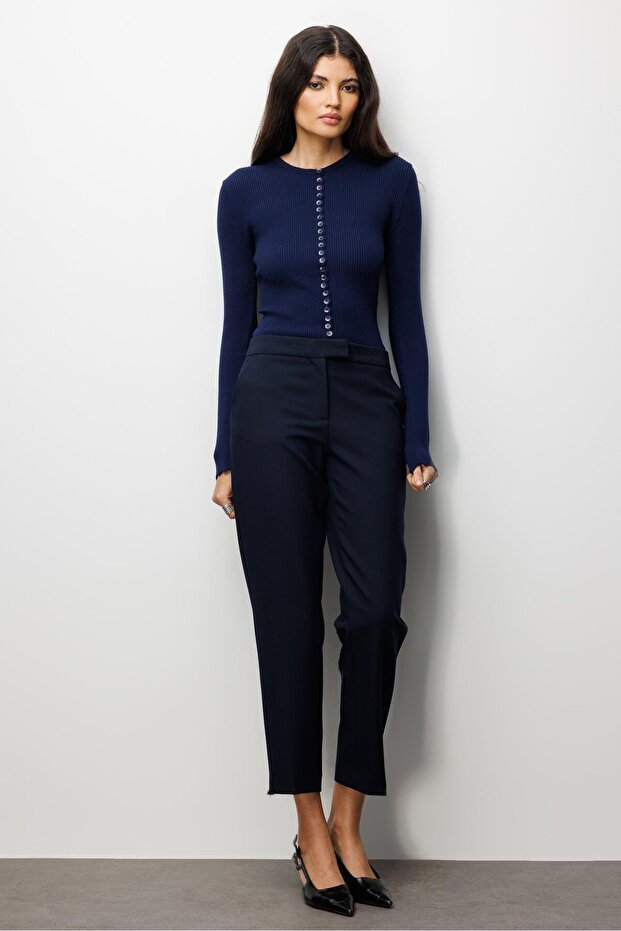 6972 Kadın Fitilli Basic Triko Hırka Lacivert - 2