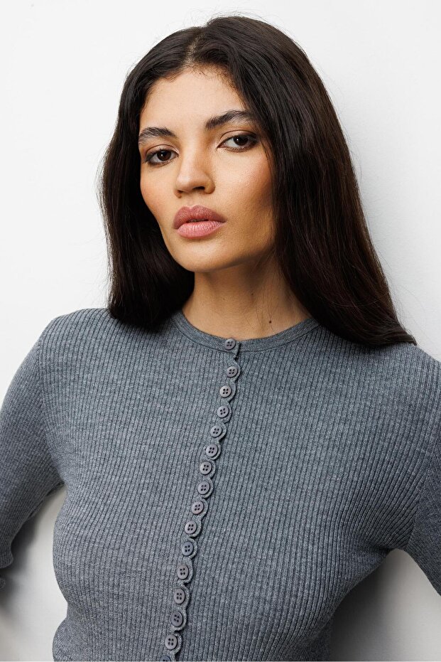 6972 Kadın Fitilli Basic Triko Hırka Gri - 4