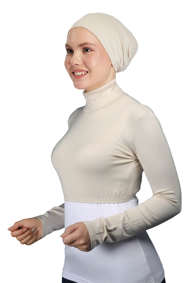 Long Sleeve Turtleneck High Collar Lycra Combed Cotton Women's Half Body - Cream