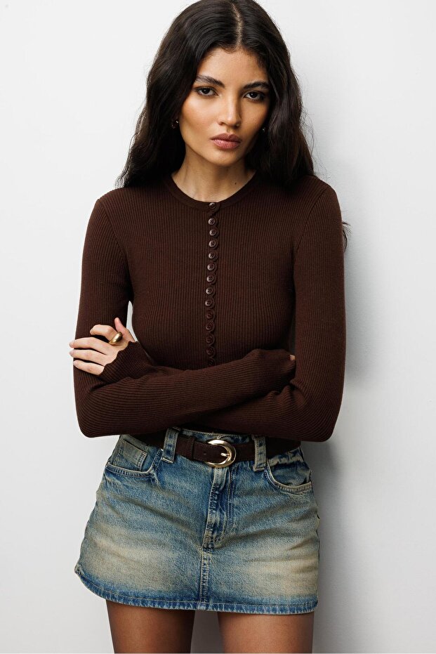 6972 Kadın Fitilli Basic Triko Hırka Kahve - 3