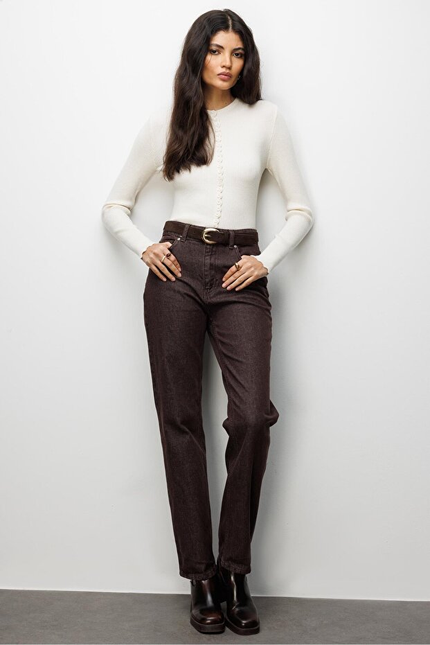 6972 Kadın Fitilli Basic Triko Hırka Naturel - 2