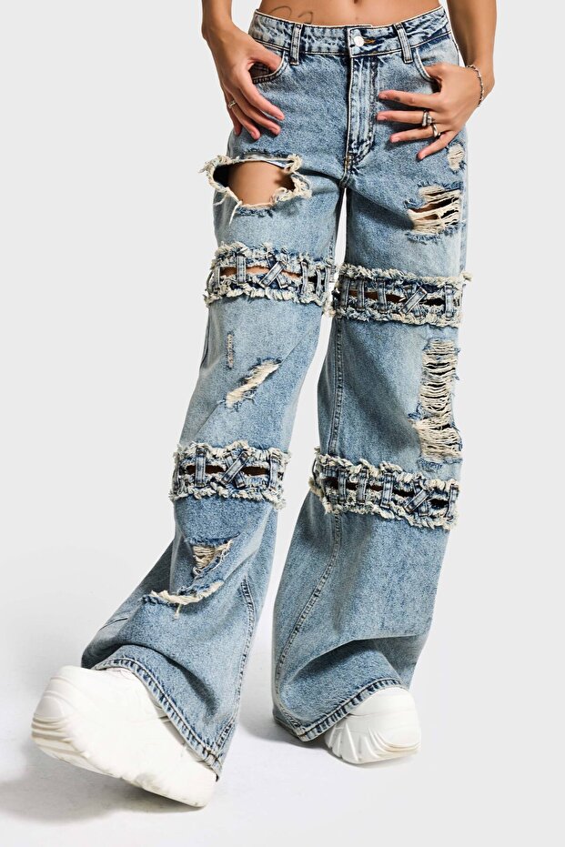 Women's Denim Color Palazzo Fit Ripped Detail Design Denim Jeans