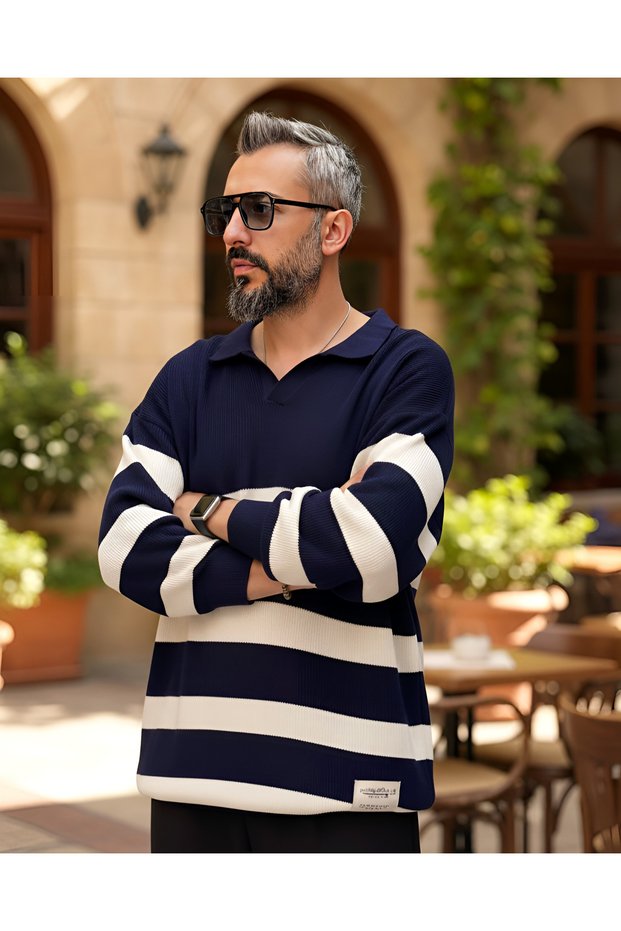 Oversize Men's Polo Neck Striped Sweater