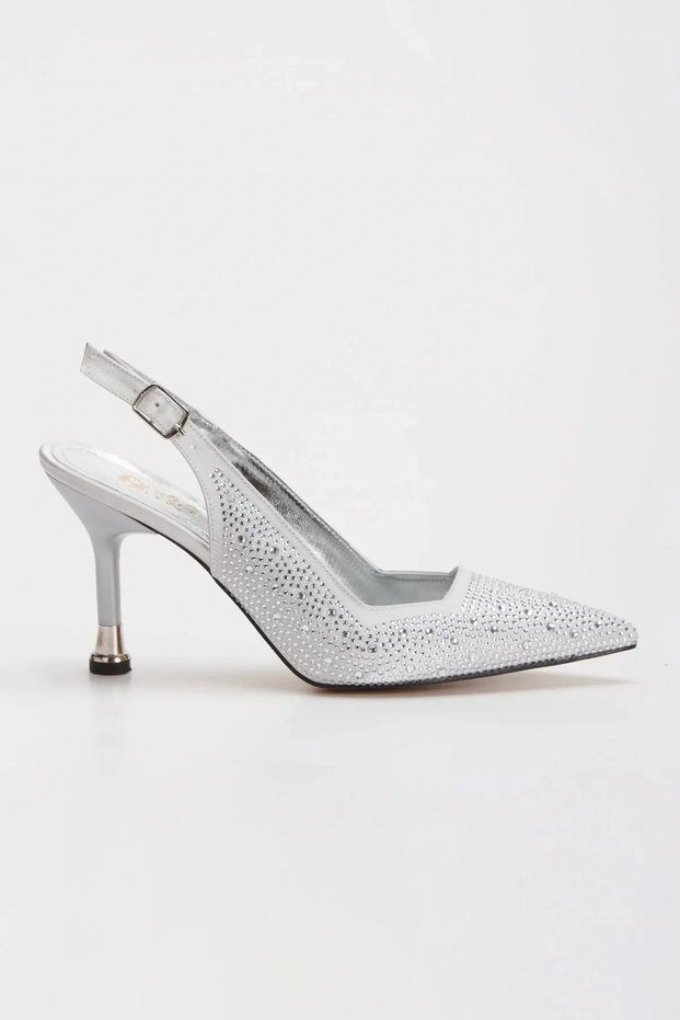 Women's Silver Satin Drip Stones 8 cm Thin Galvanized Heels Comfortable Stiletto