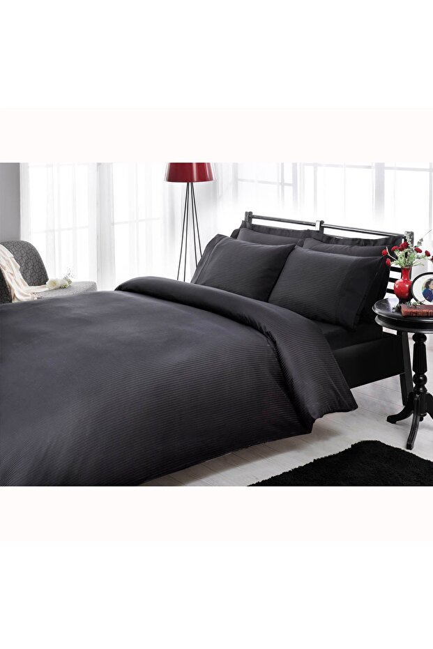 Premium Basic Duvet Cover Set Stripe Double Black - 1
