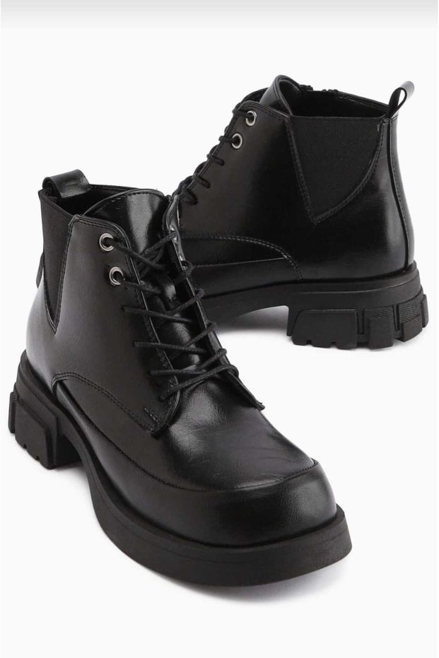 Women's Black Lace-Up, Zippered Short Boots