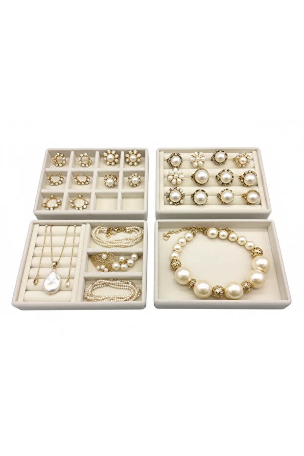 Domestic Production Suede Fabric Cream Color Set of 4 Jewelry Stand with Drawer Inside