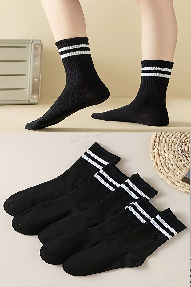 Unisex White Striped Black Cotton College Socks Set 5 Pairs