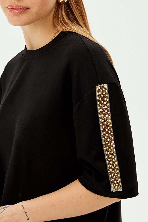 İnci İşlemeli Düşük Kol Regular Örme Tişört - 4