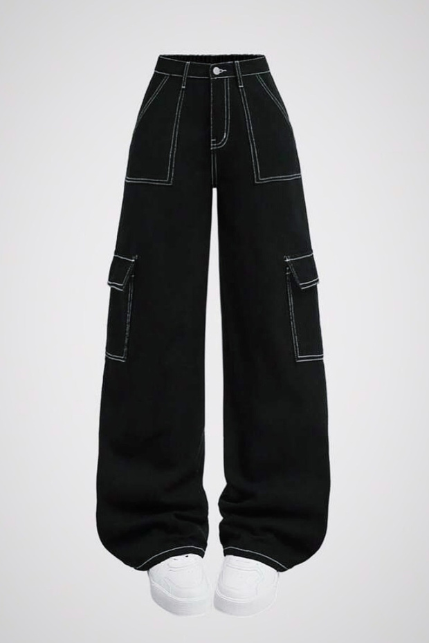 Unisex Wide Leg White Stitched Cargo Pocket Trousers