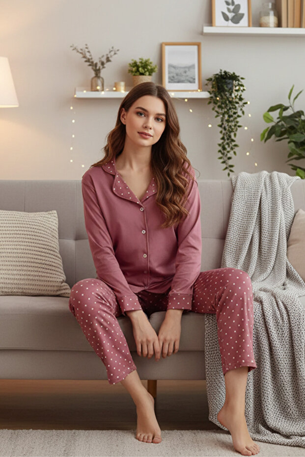 طقم بيجامة نسائية من Dot Dream بأزرار