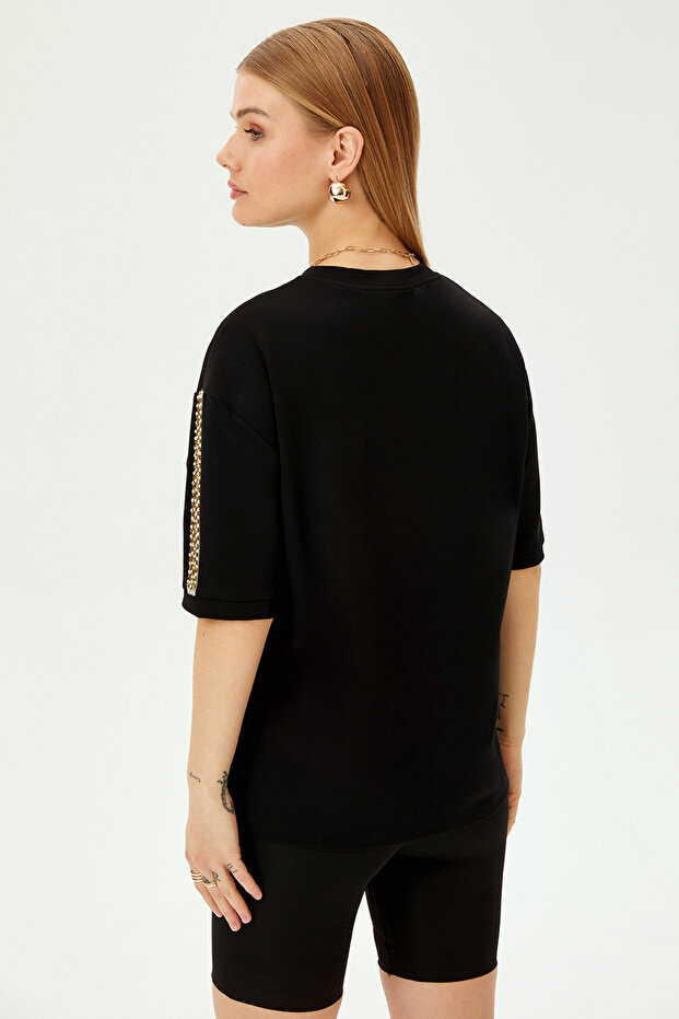 İnci İşlemeli Düşük Kol Regular Örme Tişört - 2