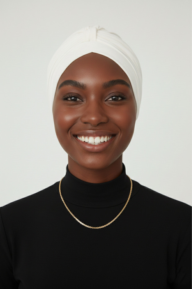 Ribbed Cream Sponge Ready-To-Wear Turban Hijab with Bands (Front and Back Bands) Pool Cap