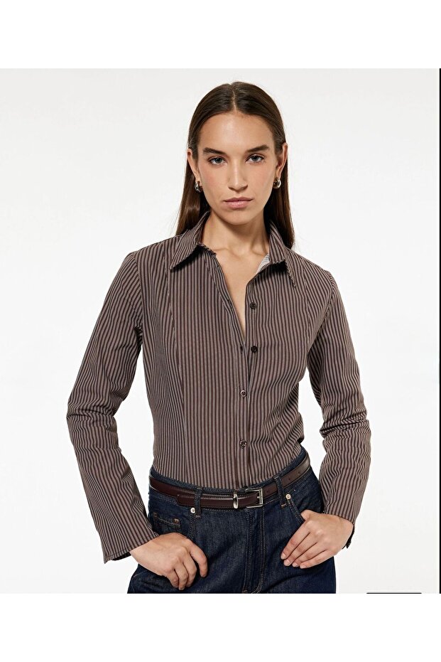 Long Sleeve Classic Collar Cotton Brown Striped Fitted Shirt