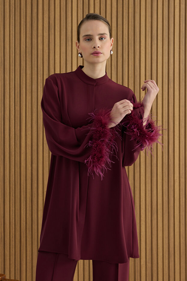 Vişne Şerit Tüylü Tunik - 3