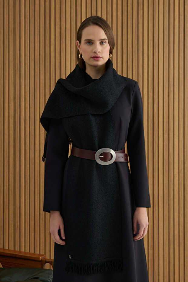 Black Tasseled Wool Shawl - 1