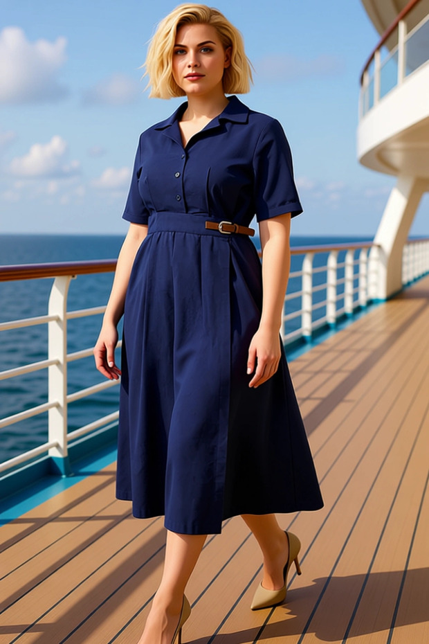 Women Shirt Collar Short Sleeve Midi Dress Plus Size Functional Durable Modern 100% Cotton