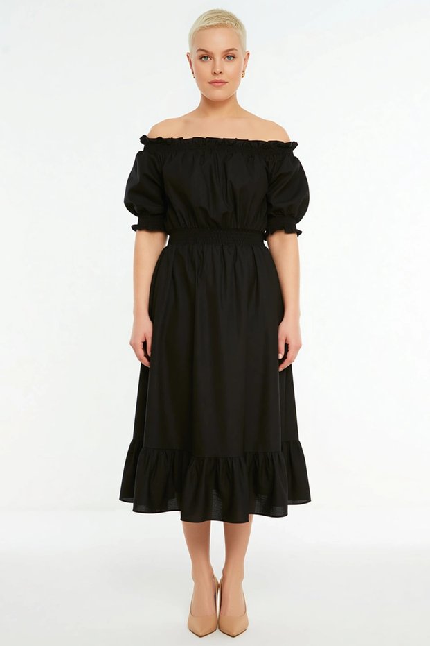 Women's Carmen Collar Balloon Sleeve Midi Dress Functional Durable Sports