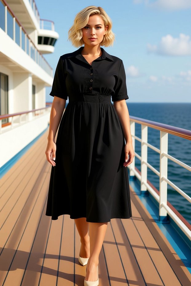 Women's Plus Size Shirt Collar Short Sleeve Midi Woven Dress Aerobin Fabric A-Line Fit Comfortable