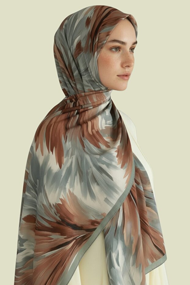 Leaf Patterned Viscose Shawl Gray - Brown - 6