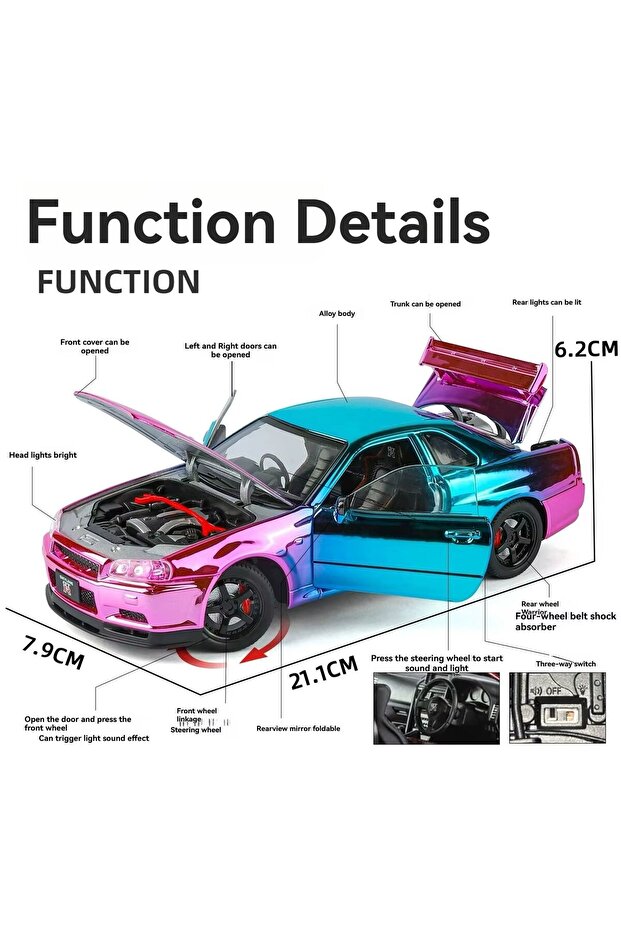 Nissan Skyline Gtr R34 1:24 Scale Diecast Model Car Openable Doors Nissan Gtr Model Bright Purple