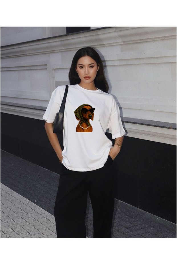 Cute Dog with Glasses Printed Oversized Unisex Cotton Tshirt - T-Shirt