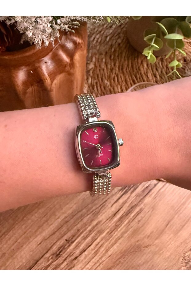 Vintage Retro Rectangular Silver Inside Burgundy Women's Wristwatch