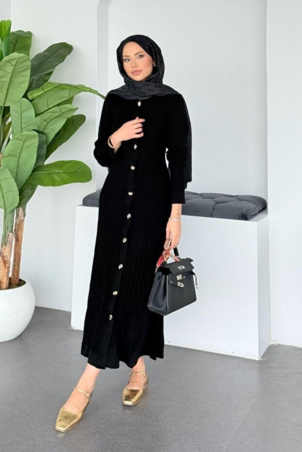 10 Düğmeli Triko Elbise - 4