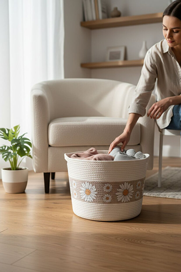 سلة تنظيم منسوجة يدويًا بنمط الأقحوان (فردية) - 2